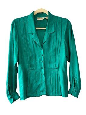 Vintage Evan Picone Petites Teal Button Front Pleated Blouse Top Size 4